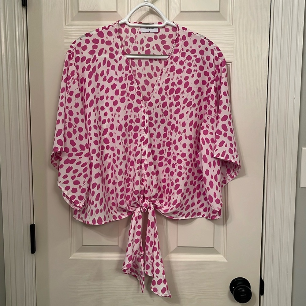 Adrienne Women’s White Pink Leopard Print Blouse Sz Small Loose Fit Tie Front